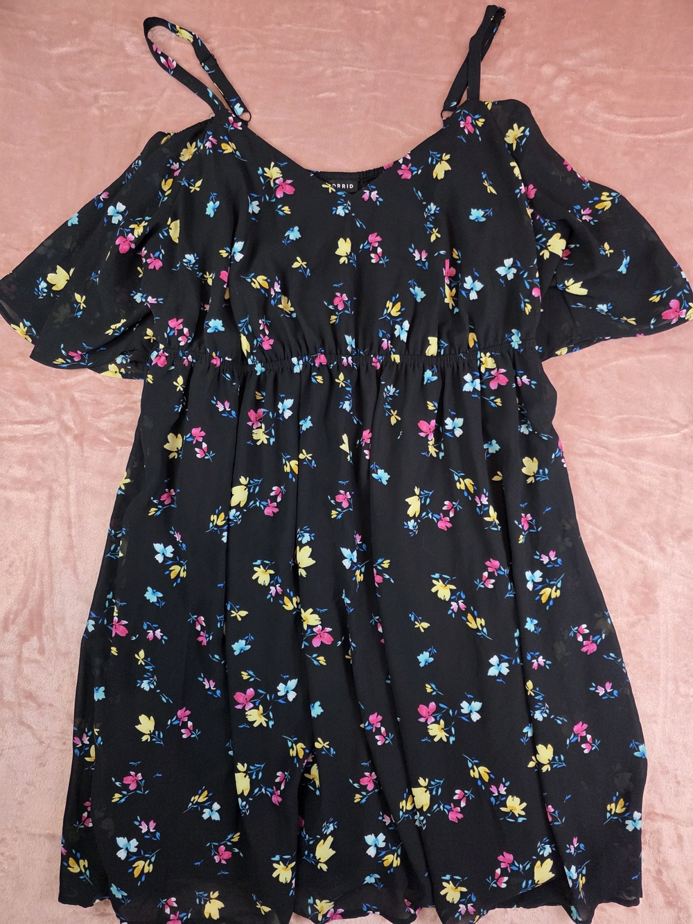 torrid Black Cold-Shoulder Dress with Blue, Pink & Yellow Floral Print